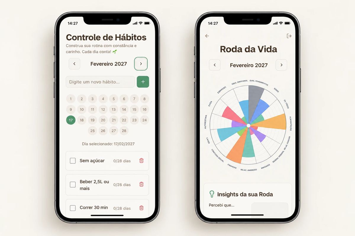 Duas telas do App 2027: controle de hábitos de fevereiro e a roda da vida