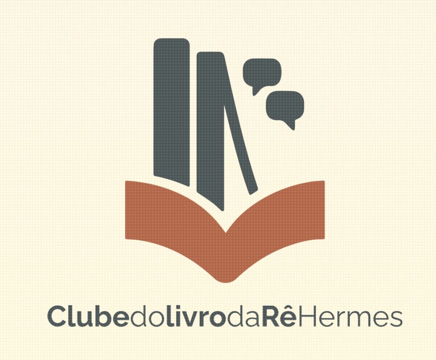 Logo do Clube do Livro da Rê Hermes: um livro aberto com dois livros em pé e balões de conversa